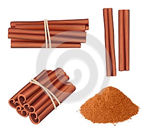 Cinnamon realistic. Aromatic herbs dessert plant food stick cinnamon spice vector pictures collection