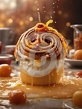 Cinnamon roll, dripping in juice, jelly. AI generated image.Delicious freshly baked cinnamon rolls