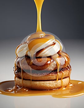 Cinnamon roll, dripping in juice, jelly. AI generated image.Delicious freshly baked cinnamon rolls