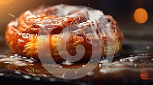 A cinnamon roll with icing on it is sitting on a table, AI