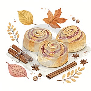 Cinnamon rolls with autumn spices surrounded by fall leaves in a cozy setting