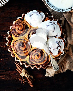 Cinnamon Rolls Baked in Ceramic Mold with Cream Cheese Icing