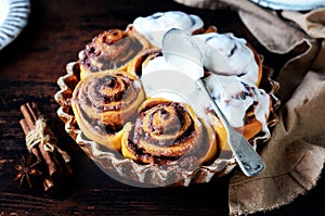 Cinnamon Rolls Baked in Ceramic Mold with Cream Cheese Icing