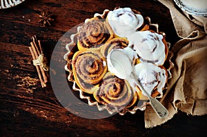 Cinnamon Rolls Baked in Ceramic Mold with Cream Cheese Icing