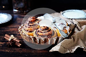 Cinnamon Rolls Baked in Ceramic Mold with Cream Cheese Icing