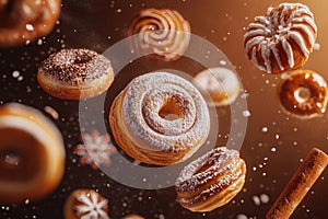 Cinnamon rolls and cookies floating on cinnamon brown background