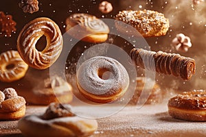 Cinnamon rolls and cookies floating on cinnamon brown background