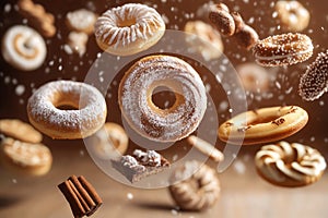 Cinnamon rolls and cookies floating on cinnamon brown background