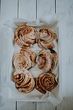 Cinnamon rolls on a tray