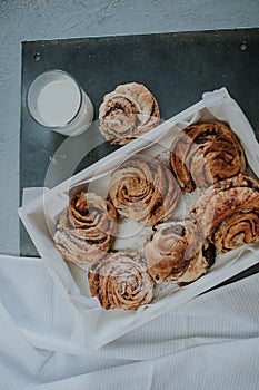 Cinnamon rolls on a tray