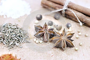 Cinnamon, safron, star anise and peper on a wooden table