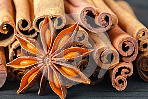 Cinnamon spice Sticks on wooden board close up