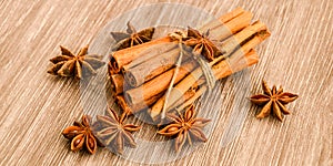 Cinnamon and star anise on wooden background, Herbs and Spices over wooden background
