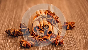 Cinnamon and star anise on wooden background, Herbs and Spices over wooden background