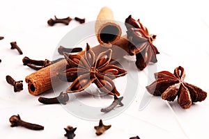 Cinnamon, staranise and cloves. winter spices on white background. photo