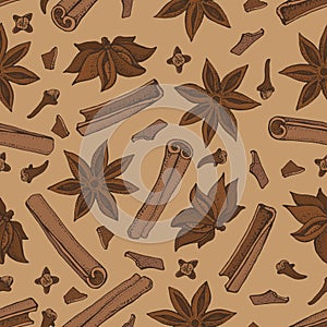 Cinnamon sticks, anise star and cloves seamless pattern. Seasonal food vector illustration isolated on brown background