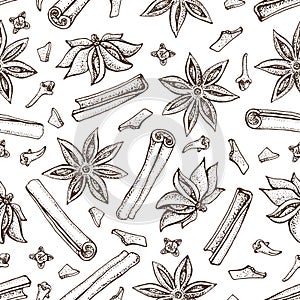 Cinnamon sticks, anise star and cloves seamless pattern. Seasonal food vector illustration isolated on white background