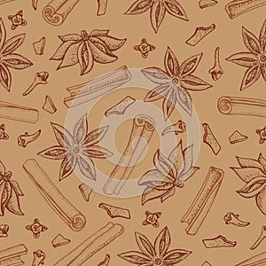 Cinnamon sticks, anise star and cloves seamless pattern. Seasonal food vector illustration isolated on white background