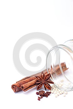 Cinnamon sticks with anise star and white peppers photo