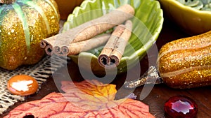 Cinnamon Sticks in a Bowl in a Decorative Autumn Table Setting