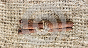 Cinnamon sticks canella on sack