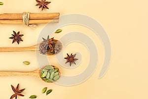 Cinnamon sticks, cardamom and star anise in wooden spoons