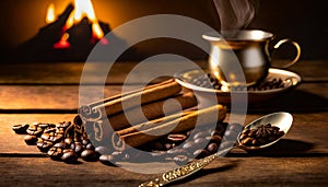 cinnamon sticks coffee beans and spoon on wooden table closeup macro shot , copy space for text