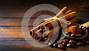 cinnamon sticks coffee beans and spoon on wooden table closeup macro shot , copy space for text