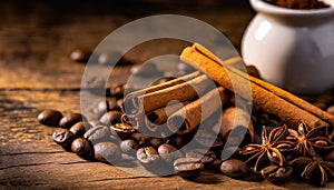 cinnamon sticks coffee beans and spoon on wooden table closeup macro shot , copy space for text