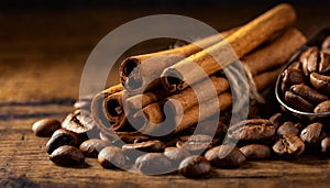 cinnamon sticks coffee beans and spoon on wooden table closeup macro shot , copy space for text