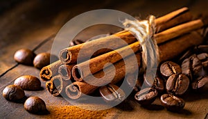 cinnamon sticks coffee beans and spoon on wooden table closeup macro shot , copy space for text