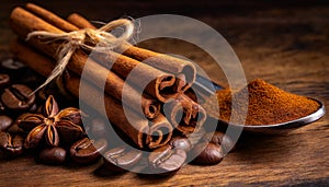 cinnamon sticks coffee beans and spoon on wooden table closeup macro shot , copy space for text