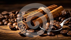 cinnamon sticks coffee beans and spoon on wooden table closeup macro shot , copy space for text