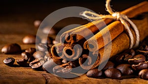 cinnamon sticks coffee beans and spoon on wooden table closeup macro shot , copy space for text