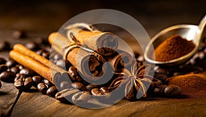 cinnamon sticks coffee beans and spoon on wooden table closeup macro shot , copy space for text