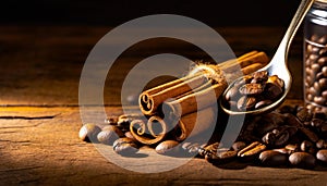 cinnamon sticks coffee beans and spoon on wooden table closeup macro shot , copy space for text