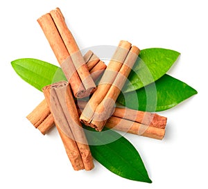 Cinnamon sticks and fresh cinnamon leaves isolated on the white background, top view