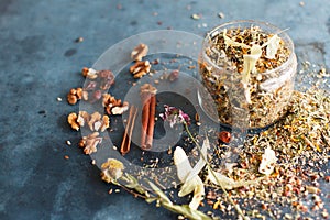 Cinnamon sticks, nuts and a herb collection scattered on a blue