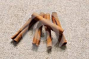 Cinnamon sticks on an organic linen fabric