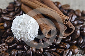 Cinnamon sticks over coffe beans