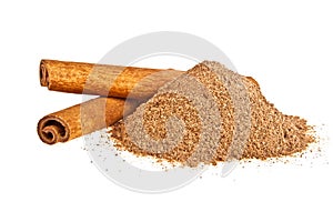 Cinnamon sticks with powder isolated on white background