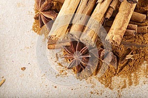 Cinnamon sticks and powder with star anise on copy space