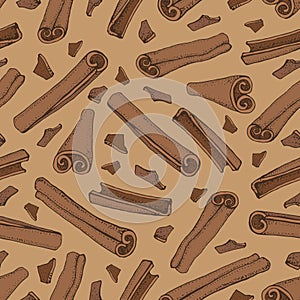 Cinnamon sticks seamless pattern. Vector drawing of aromatic spices set. Seasonal food illustration on brown background