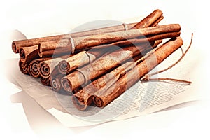 Cinnamon sticks on a sheet of paper