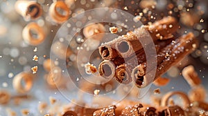 Cinnamon Sticks with small Crumbs fall on light yellow blurred background. Creative concept of floating and falling spyce