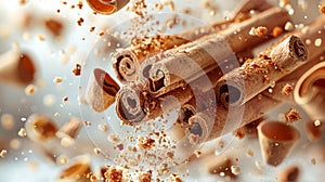 Cinnamon Sticks with small Crumbs fall on light yellow blurred background. Creative concept of floating and falling spyce