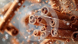 Cinnamon Sticks with small Crumbs fall on light yellow blurred background. Creative concept of floating and falling spyce.