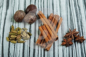 Cinnamon sticks, star anise, cardamom and nutmeg