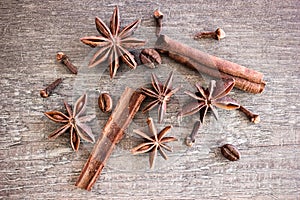Cinnamon sticks, star anise, clove and coffee beans