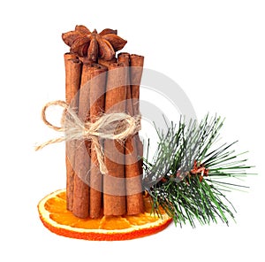 Cinnamon sticks, star anise, cloves and dried orange with artificial spruce twigs isolated
